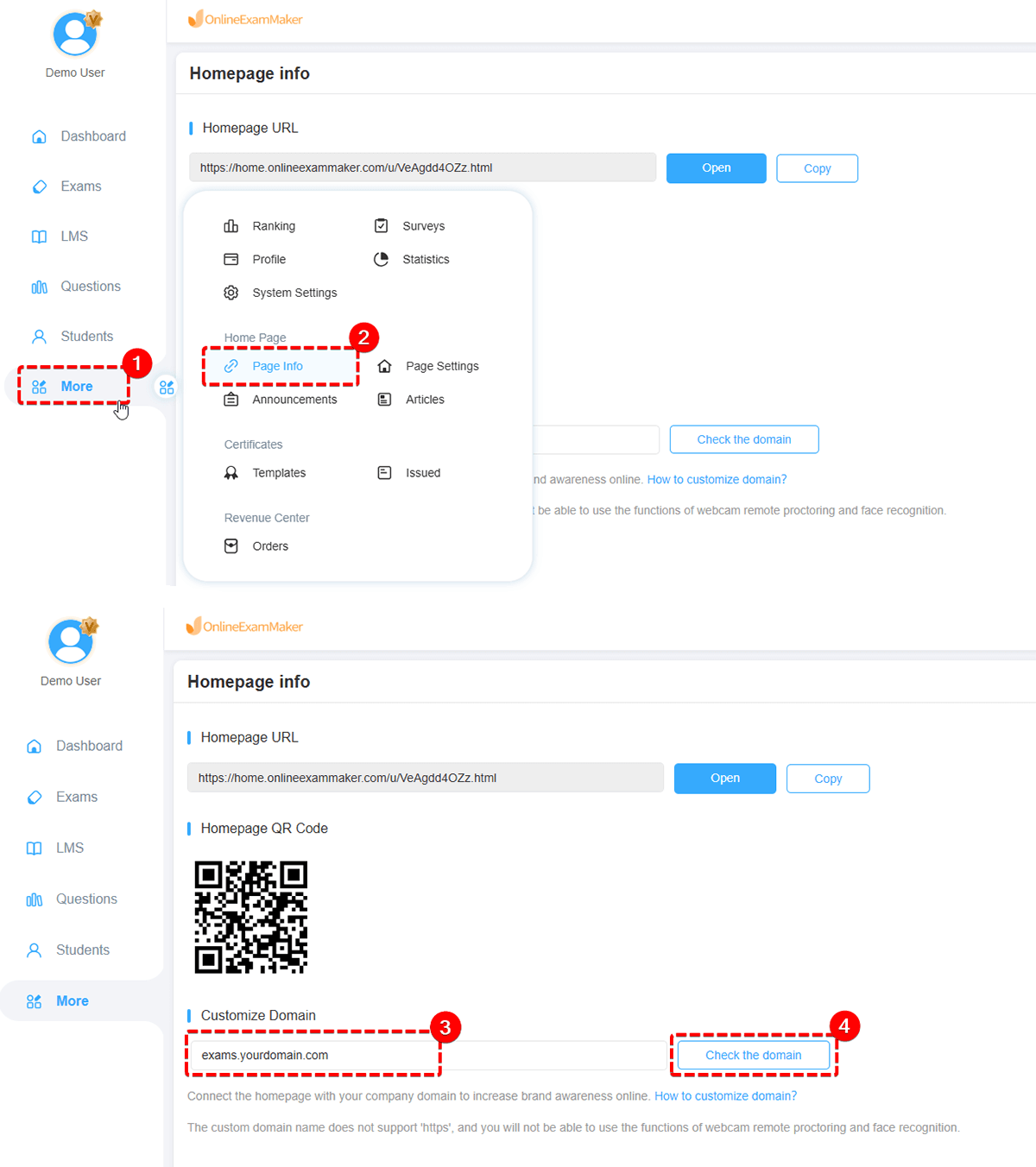 setting personal page on Onlineexammaker